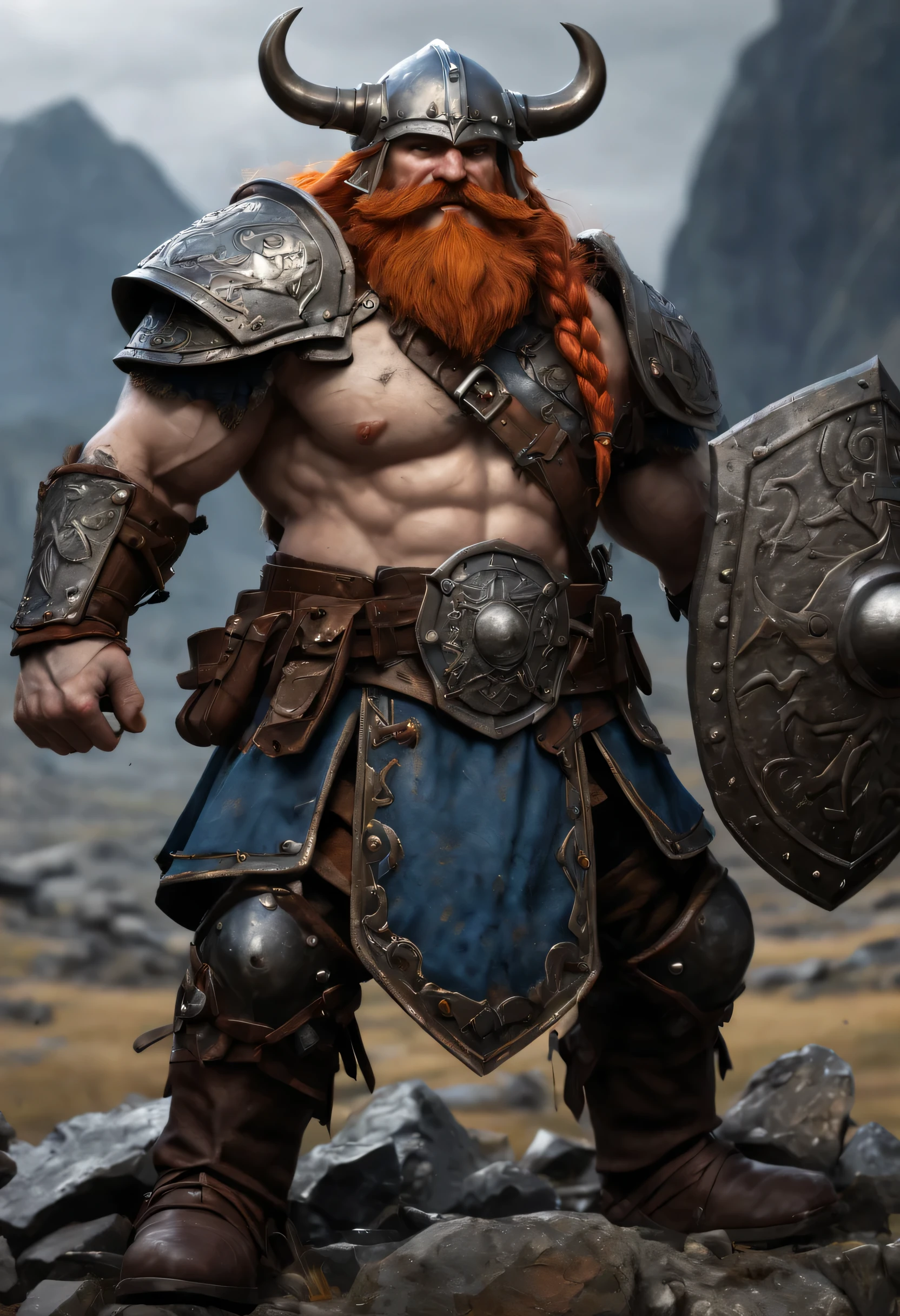 (best quality,4k,8k,highres,masterpiece:1.2),ultra-detailed, dwarf,warhammer fantasy,decked out for battle, ornately made scale mail armor, viking helmet,ornate metal shield, bubbling tankard painting on the shield, battle-ready,warlike demeanor, thick, luxuriant beard, fire-red hair, braided, piercing blue eyes, intense gaze, weathered and scarred face, muscular and compact build, engraved runes and sigils on armor and shield, battle scars on the body, battle axe hanging from belt, heavy boots, sturdy and worn, rugged and rocky battlefield, dwarven stronghold in the background, towering stone mountains, fierce storm clouds gathering in the sky, dramatic lighting with striking shadows, rich color palette with earthy tones, battle cries and clash of weapons filling the air