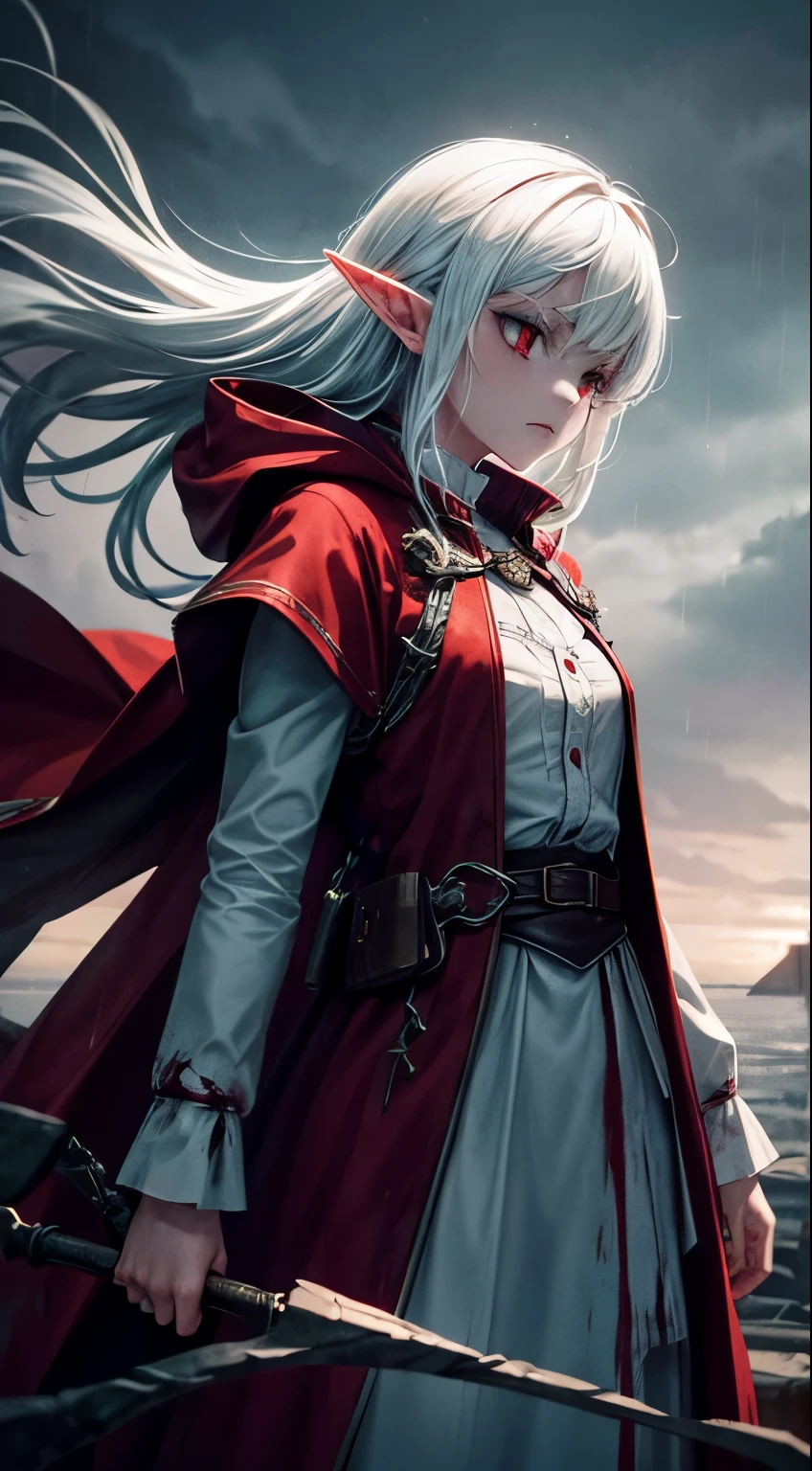 A girl with white hair, blood-red cloak, and elf ears, having a desperate gaze, in an anime style, standing in an open field. The sky is blood-red, and the scene is surrounded by a sea of blood. The rain pouring from the sky is also blood-red, creating a haunting atmosphere. The image is of the best quality with high resolution (4k, 8k) to capture all the intricate details. The overall lighting is dark and gloomy, adding to the eerie atmosphere.