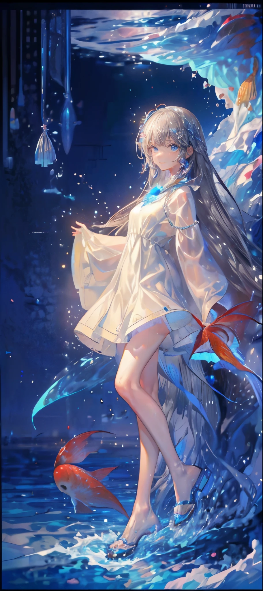 (muste piece), (best quality), very detailed, 1 girl, perfect face, (solo full body shot:1.3), very detailed顔,(Gray-haired ultra-long hair:1.5),(blue eyes:1.4),(in water:1.4),(white dress:1.5),Ocean,School of small fish,Light,bubble,jellyfish,Ocean藻,深Ocean,fantasy,Ocean底,float,(red small fish,yellow small fish:1.4),(smile:1.3)