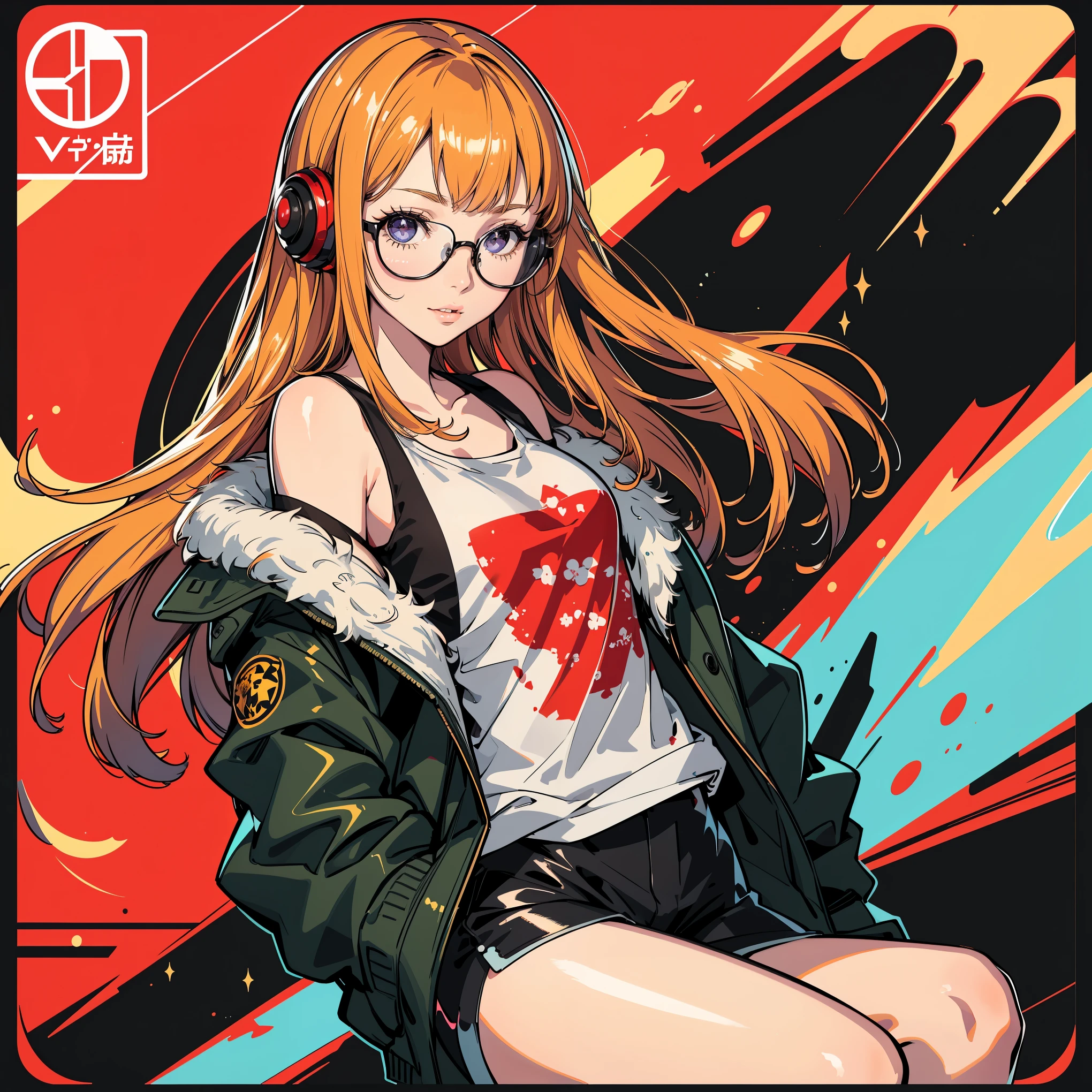 Sticker,,Deep purple eyes，cute clothing，Lazy feeling，in circle, black background,Yellow-green background，Gold border，Simple, muste piece, best quality, High resolution, 1 girl, futaba sakura, blunt bangs, glassesの, black frame eyewear, Ahoge,orange hair、 purple eyes、 glassesの, headphones,  , The jacket is the jacket, off shoulder, fur trim, fur-trimmed jacket, Green jacket, short pants, ,golden hour,A smile showing fangs、futaba sakura、eyes purple、orange hair、glasses、,masterpiece、highest quality、official art、An illustration、clear lines、(cool_color)、perfect composition、face focus、Accurate, anatomically correct、 、High resolution, beautiful detailed glow, muste piece*People photography, 3d face, Reality, (muste piece: 1.3), (maximum resolution: 1.2), (ultra high definition tv: 1.2), cinema light, 8K resolution, No ,masterpiece、highest quality、ultra detail、(((glossy lips: 1.4)))pretty face, Accurate, anatomically correct, NoAlways detailed face and skin texture, detailed eyes, double eyelids, tthin eyebrows、 pale skin, Glowing skin all over the body, perfect face,Always detailed face and skin texture, detailed eyes, double eyelids, thin eyebrows,natural cheeks, shiny skin, fair skin, glossy skin: 1.2, (glossy lips: 1.4), (((最高にbeautiful girl)))、(((beautiful girl)))、（a little blush）、（pretty face）、
delicate and beautiful hair, Delicate and beautiful eyes and face, (Beautiful gorgeous cute western woman:1.3),)(((Very pretty face))))(((long eyelashes))))(((circular sparkling eyes)))(((Glossy and glossy lips)))
(((slightly reddish cheeks:0.8)))(((Clean, straight nose bridge)))、(a sticker, up of face、Focus on the face、 In a circle, White background, Cyber World Background，Gold-rimmed，It features a simple, View details in viewer, Detailed drawing, vectorized, silhuette, 8K, professional sticker design, Flat design, Vector lines, a sticker, Drawing,