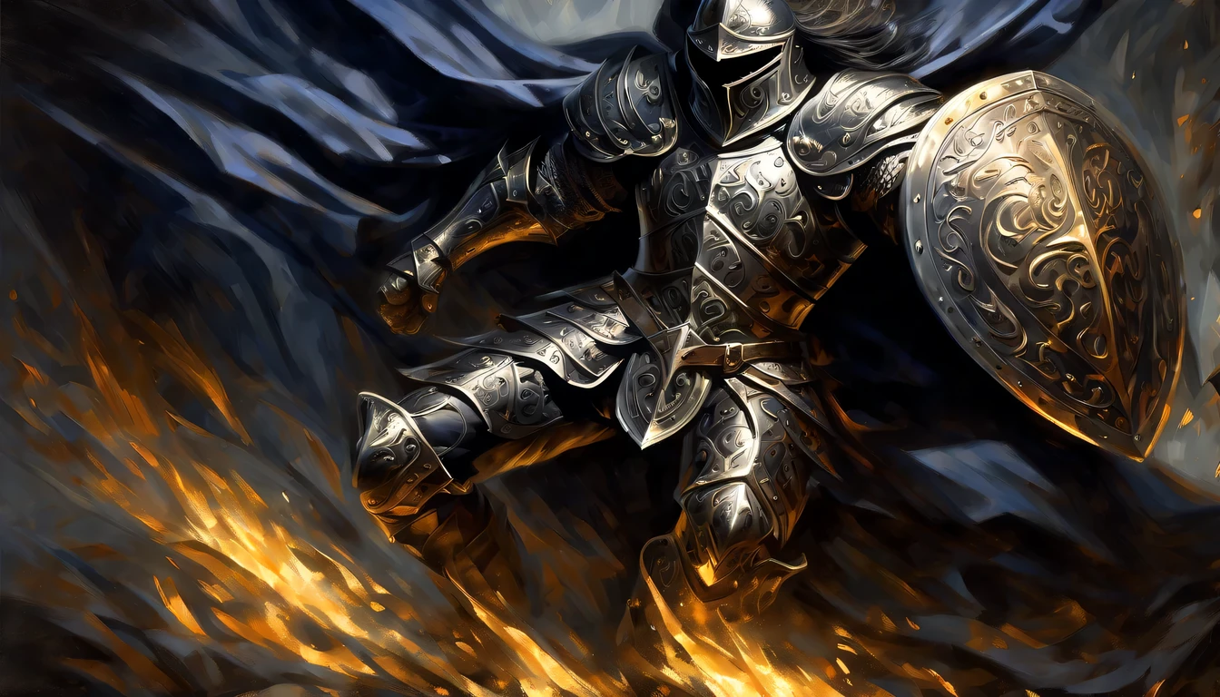 In the realm of dark fantasy, fierce and mysterious warrior emerges from the shadows, from dynamic angle, clad in elaborate armor, exudes a dark aura, tightly grip a gleaming sword, (((hold a awe-inspiring shield matched:1.3))), adorned with intricate details, captivating image, breathtaking painting of striking photograph-like showcases, dark warrior is intricate armor and shield undeniable presence, every intricate detail, meticulously brought to life, emphasizes the high quality and mastery of the image, high quality,
