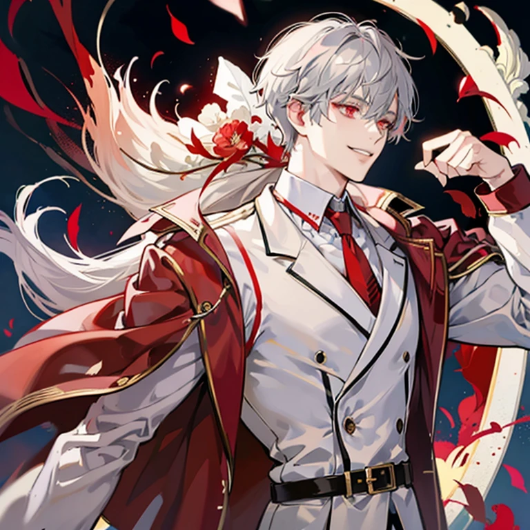 short gray haired anime guy,red eyes, white and red blazer, a silver haired mad, Tall anime guy with red eyes,grin,Nihilistic smile,upper body up