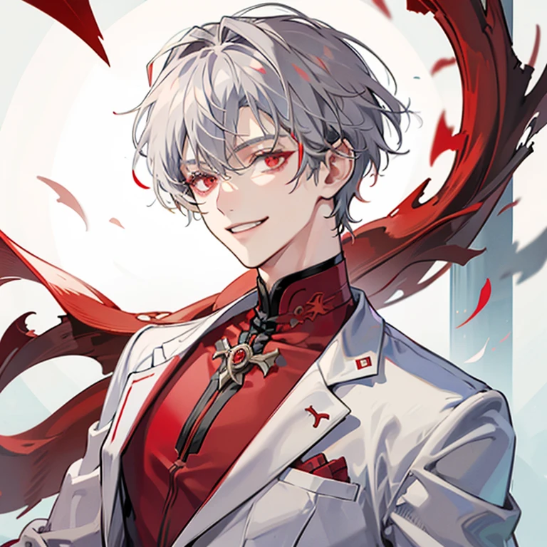 short gray haired anime guy,red eyes, white and red blazer, a silver haired mad, Tall anime guy with red eyes,grin,Nihilistic smile,upper body up