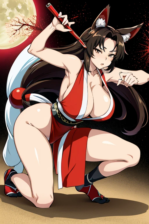 masterpiece, high resolution, best quality, beautiful art, 1 woman, solo, Imaizumi kagerou, big breasted, cleavage, wolf ears and wolf tail, mature woman, alluring body, full body, cosplaying as Mai Shiranui, sexy red japanese clothes, sexy legs and thighs, working out, stretching her body, sexy moves, jiggling breasts,beach environment 