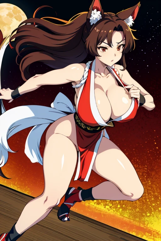 masterpiece, high resolution, best quality, beautiful art, 1 woman, solo, Imaizumi kagerou, big breasted, cleavage, wolf ears and wolf tail, mature woman, alluring body, full body, cosplaying as Mai Shiranui, sexy red japanese clothes, sexy legs and thighs, working out, stretching her body, sexy moves, jiggling breasts,beach environment 