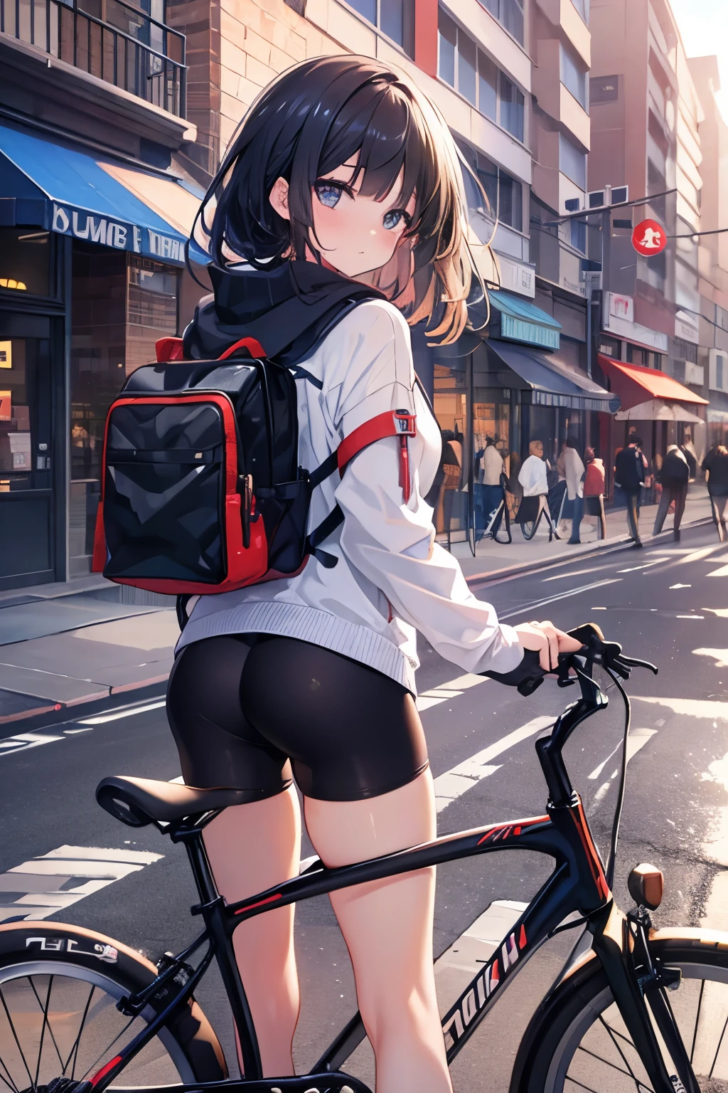 ride a cycling car、girl、shortcut、shorts、looking at the camera、light on face、Backlight illumination、Background cityscape
