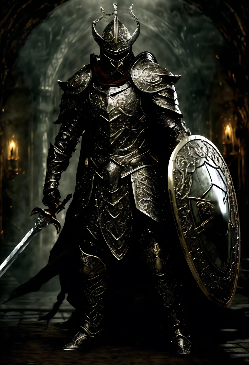 In the realm of dark fantasy, fierce and mysterious warrior emerges from the shadows, from dynamic angle, clad in elaborate armor, exudes a dark aura, tightly grip a gleaming sword, (((hold a awe-inspiring shield matched:1.3))), adorned with intricate details, captivating image, breathtaking painting of striking photograph-like showcases, dark warrior is intricate armor and shield undeniable presence, every intricate detail, meticulously brought to life, emphasizes the high quality and mastery of the image, high quality,