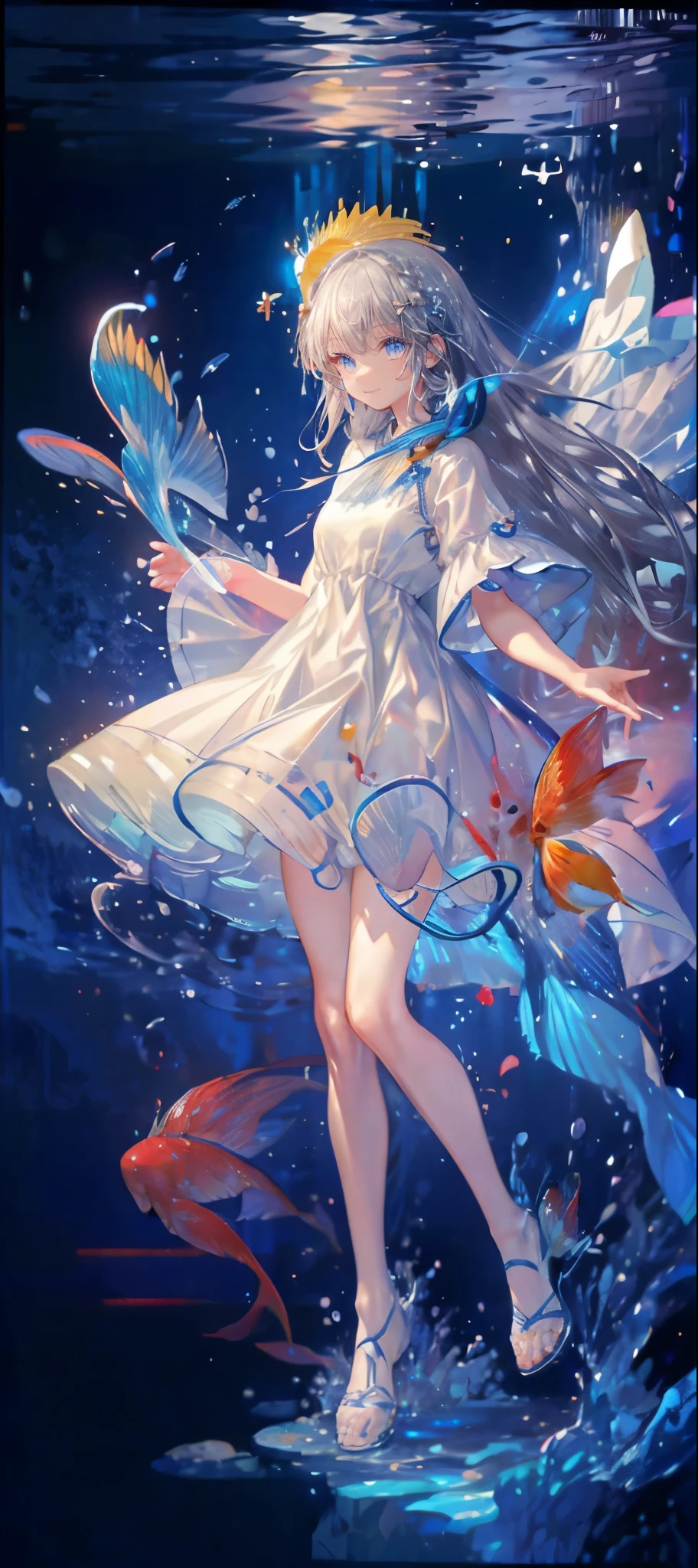(muste piece), (best quality), very detailed, 1 girl, perfect face, (solo full body shot:1.3), very detailed顔,(Gray-haired ultra-long hair:1.5),(blue eyes:1.4),(in water:1.4),(white dress:1.5),Ocean,School of small fish,Light,bubble,jellyfish,Ocean藻,深Ocean,fantasy,Ocean底,float,splash,(red small fish,yellow small fish:1.4),(smile:1.3)