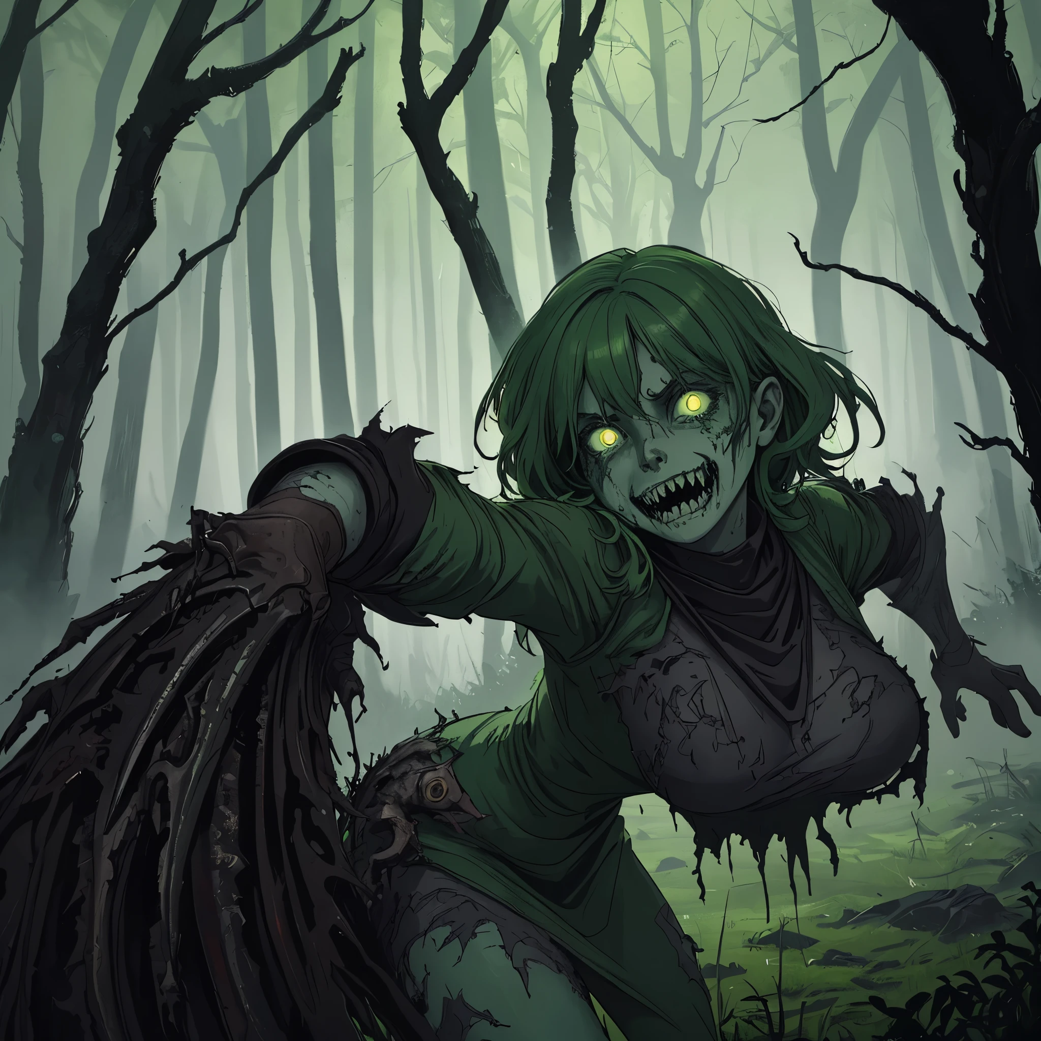 (best quality,masterpiece:1.2), A basty little green goblin cowers behind a crude shield with many knife blades sticking out, jagged and menacing, medium:oil painting, ultra-detailed, realistic:1.37, dark fantasy, eerie atmosphere, glowing eyes, sharp teeth, creepy smile, wrinkled and wart-covered skin, long pointy nose, filthy green tunic, torn and dirty, dimly lit forest, twisted trees reaching out, foggy background, vibrant colors, dramatic lighting, eerie greenish hues