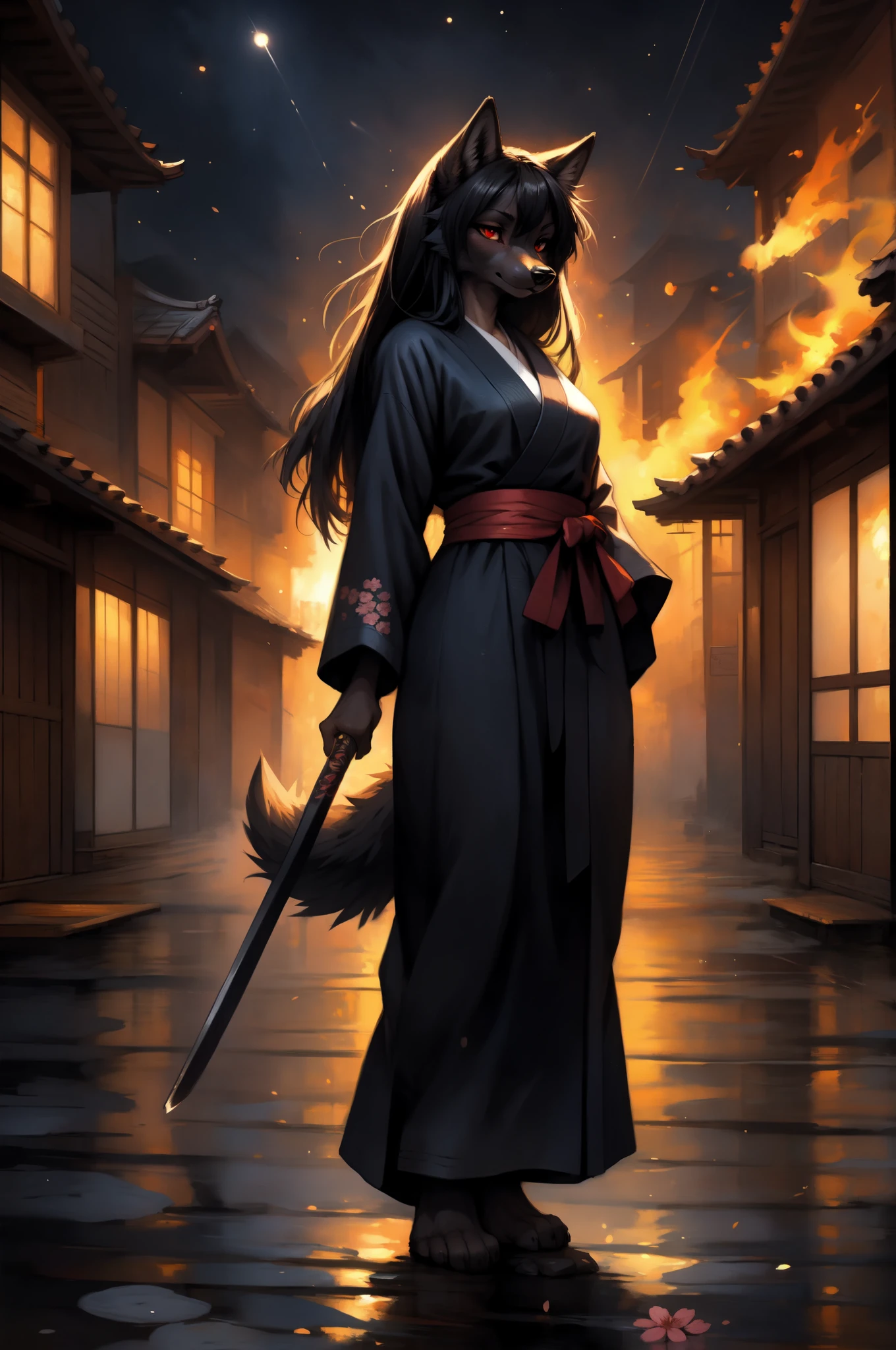 by kenket, by totesfleisch8, (by thebigslick, by silverfox5213:0.8), (by syuro:0.2), Natasha, black wolf, red eyes, long black hair, straight bangs, straightened hair, black wolf tail, in a burning Japanese village, serious face, full body shot, wearing black kimono, pink floral designs on kemono, feet wrapped in white bandages, exposed toes, holding a steel katana, nighttime