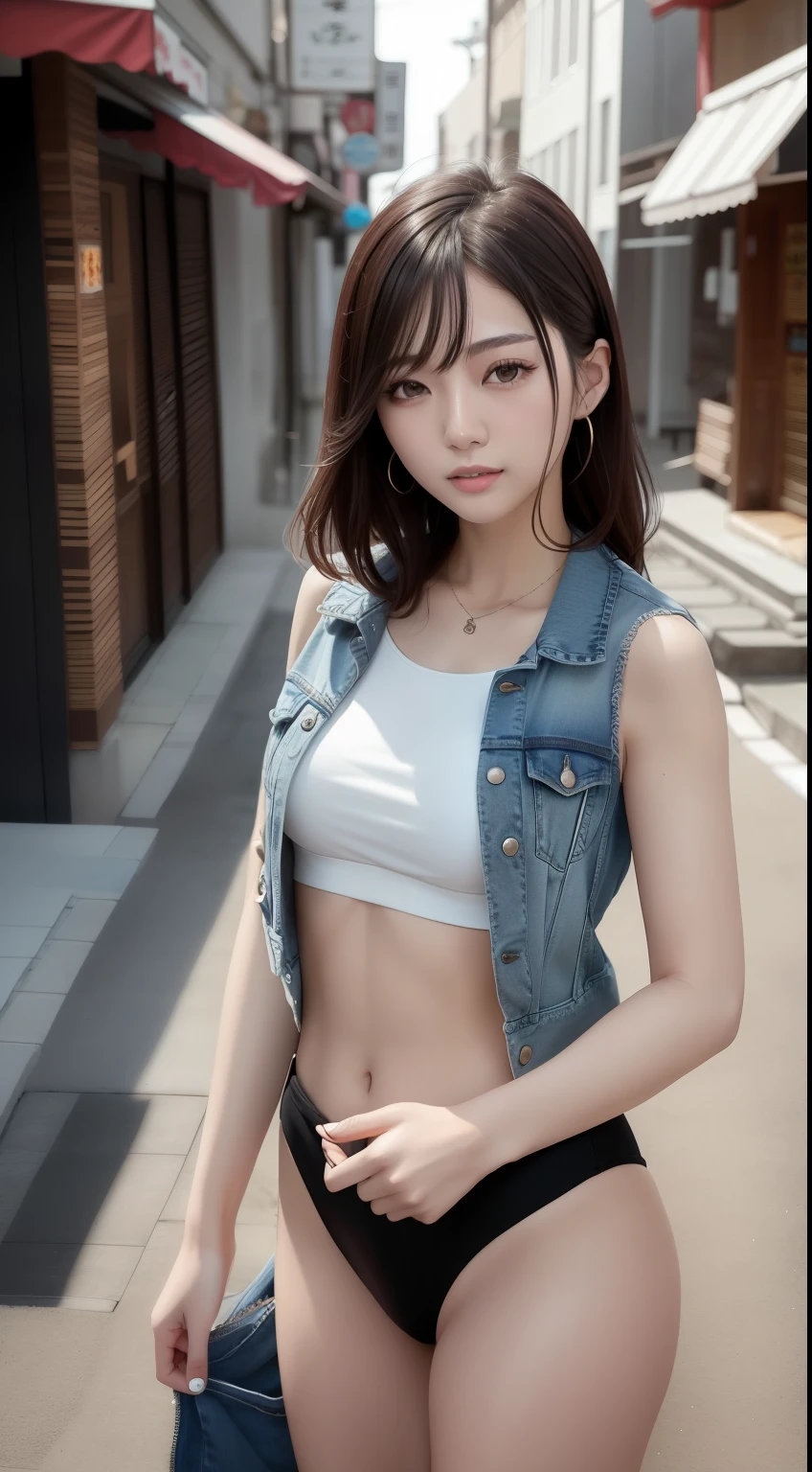 Close-up of a woman wearing a bikini and jeans jacket, slim girl photo model, korean girl, beautiful korean woman, gorgeous young korean woman, 2 4 year old female model, korean female fashion model, beautiful young korean woman, chinese girl, real anime girl, beautiful asian girl, slim girl photo, asian young girl, japanese model