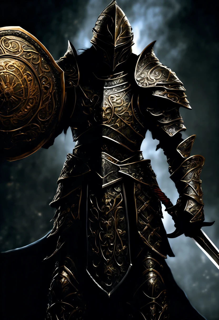 In the realm of dark fantasy, fierce and mysterious warrior emerges from the shadows, from dynamic angle, clad in elaborate armor, exudes a dark aura, tightly grip a gleaming sword, holding a awe-inspiring shield matched, adorned with intricate details, captivating image, breathtaking painting of striking photograph-like showcases, dark warrior is intricate armor and shield undeniable presence, every intricate detail, meticulously brought to life, emphasizes the high quality and mastery of the image,