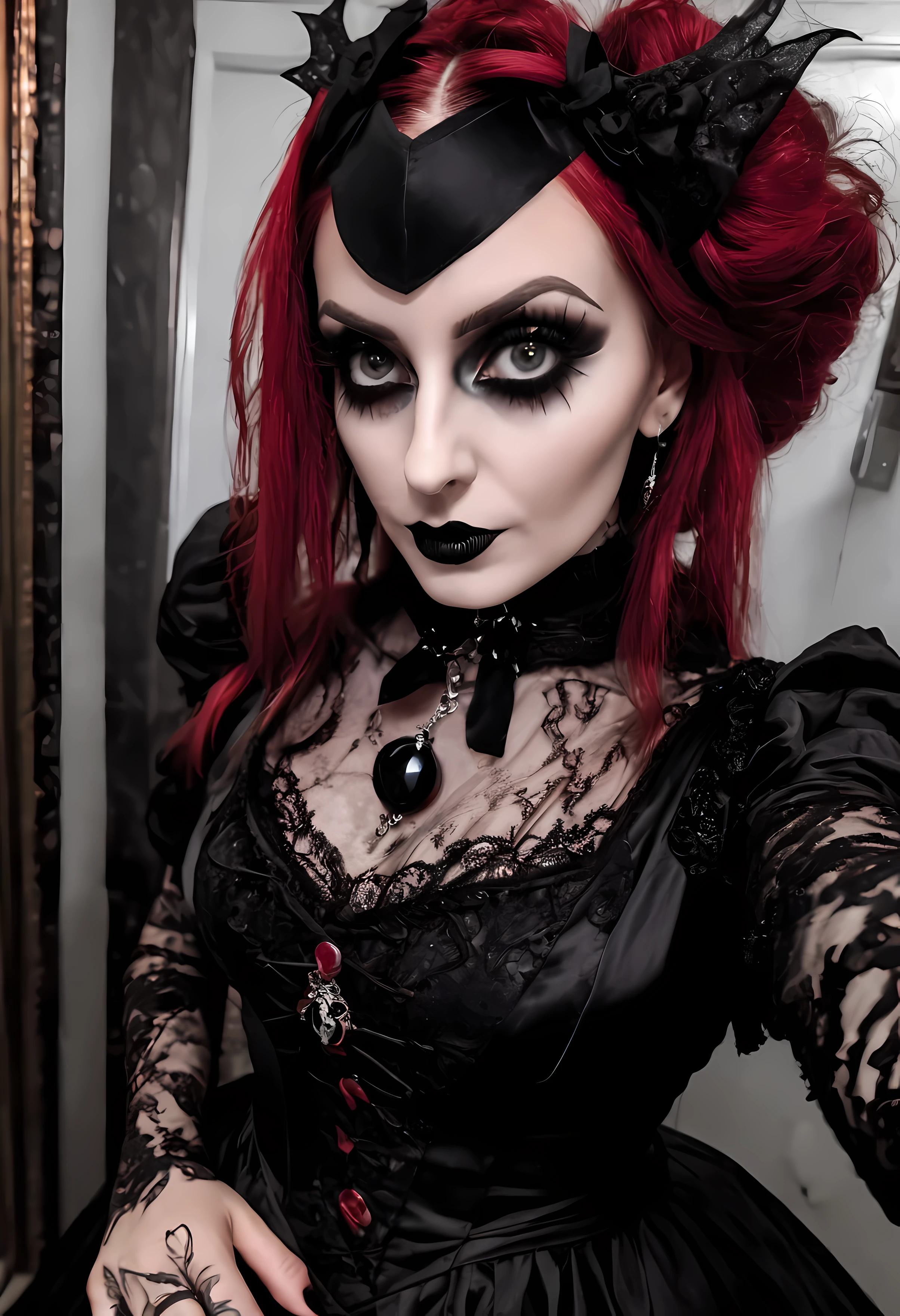 araffe dressed in gothic clothing taking a selfie in a bathroom, sexy gothic outfit, massive cleavage wearing a gothic dress, gothic horror vibes, witchcore clothes, wearing modern gothic clothes, ornate goth dress, goth style, gothic!!, dark gothic dress, gothic style, gothic aesthetic, gothic dress, gothic clothes, gothic wearing, ornate dark red opulent clothing