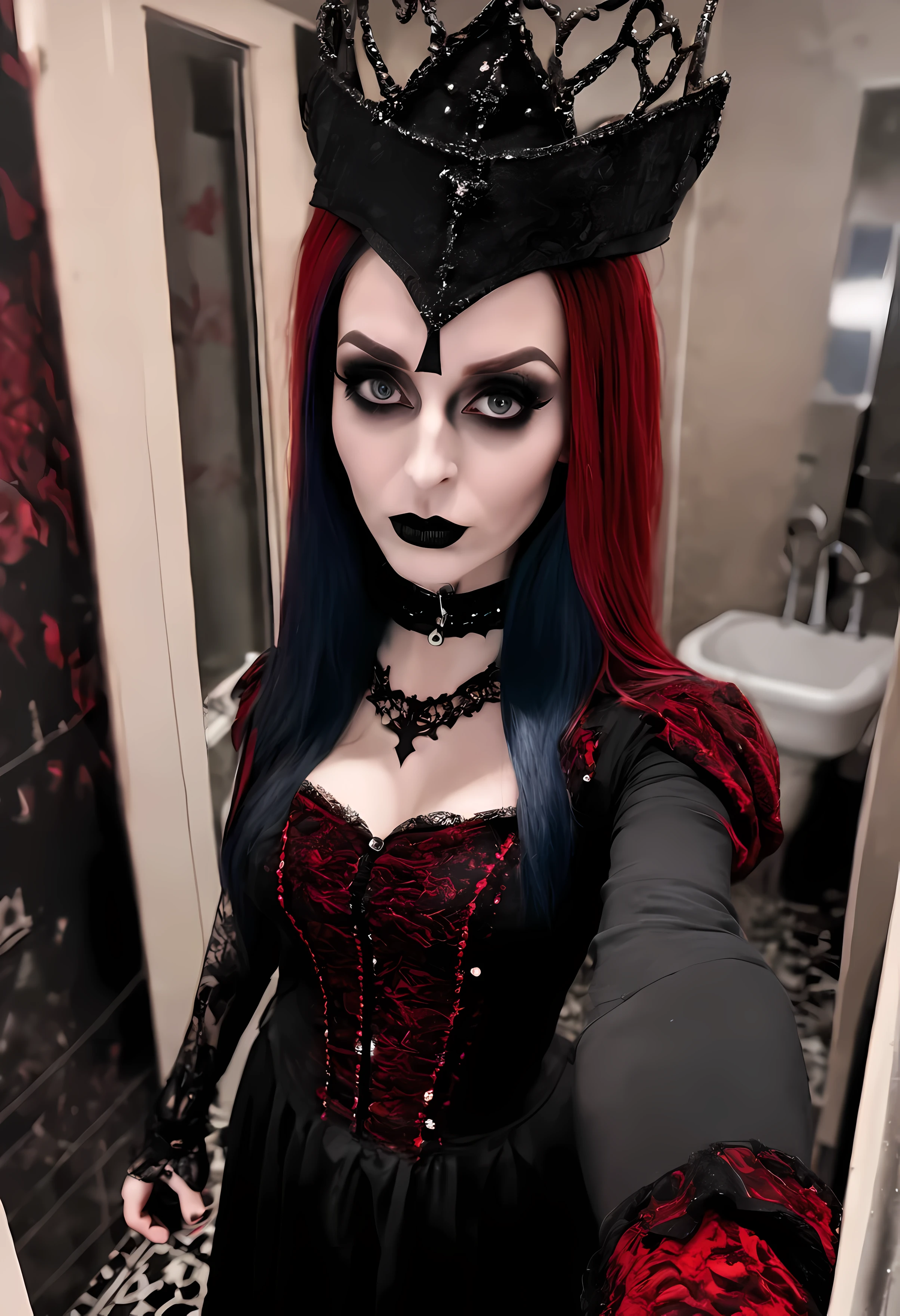 Very attractive 2 with wavy bright pink hair, dressed as a vampire, 2 bite marks on neck, inside a spooky castle, full length, photo quality