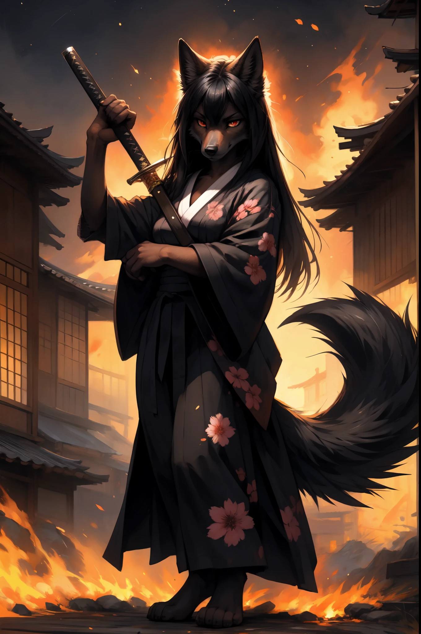 by kenket, by totesfleisch8, (by thebigslick, by silverfox5213:0.8), (by syuro:0.2), Natasha, black wolf, red eyes, long black hair, straight bangs, straightened hair, black wolf tail, in a burning Japanese village, serious face, full body shot, wearing black kimono, pink floral designs on kemono, feet wrapped in white bandages, exposed toes, holding a steel katana, nighttime