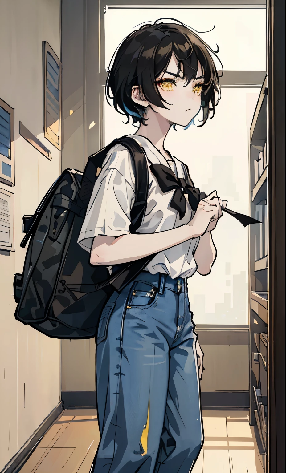 Masterpiece, portrait, aesthetic, a girl, ((tomboy high school bully)), fierce expression, frown, fierce, short black hair and yellow eyes, wearing a simple white shirt, without any special design, paired with loose blue jeans, Wearing a brown backpack when going to school. High quality, full body, medium shot, beautiful clothing, professional perspective,, 18 years old, daytime, dramatic light, facing the future, ((happy)), (bold makeup), eyeliner, medium bust, (squinting), skin Fair complexion, (the background is the middle school dormitory)
