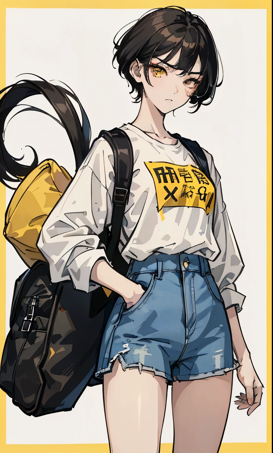 Masterpiece, portrait, aesthetic, a girl, ((tomboy high school bully)), fierce expression, frown, fierce, short black hair and yellow eyes, wearing a simple white shirt, without any special design, paired with loose blue jeans, Wearing a brown backpack when going to school. High quality, full body, medium shot, beautiful clothing, professional perspective,, 18 years old, daytime, dramatic light, facing the future, ((happy)), (bold makeup), eyeliner, medium bust, (squinting), skin Fair complexion, (the background is the middle school dormitory)