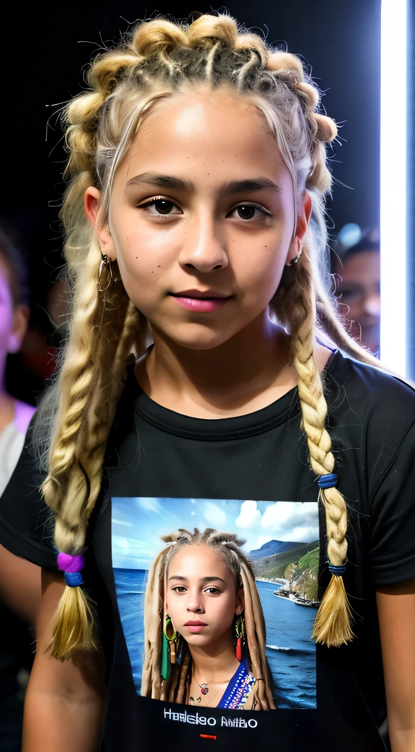 A 12-year-old rebellious blonde woman with dreadlocks, ((pechos grandes)), ((hiperrealismo)), con algunas pecas en la cara, vista frontal, autofoto, Foto tomada con iPhone, elegante camisa negra con escote, autofoto in the nightclub, clubbing, alta calidad, autofoto iPhone, escote