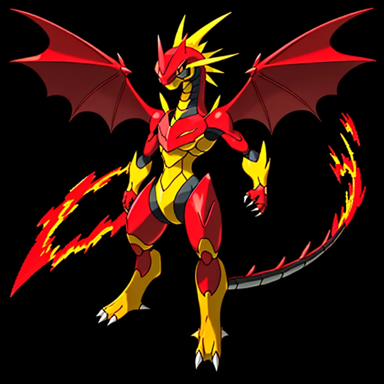 solo、Pokémon(biology)、Pokémonのキャラクター、anime、game、dragon、dragon、whole body、赤と黄色のwhole body、Closed、red and yellow body、red and orange mane、dragonの翼、bat wings、red and yellow outline、、vermilion and yellow wings、dragonの脚、dragonの手、sharp nails、Clad in flame and electricity