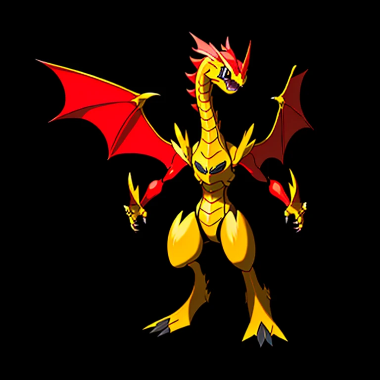solo、Pokémon(biology)、Pokémonのキャラクター、anime、game、dragon、dragon、whole body、赤と黄色のwhole body、Closed、red and yellow body、red and orange mane、dragonの翼、bat wings、red and yellow outline、、vermilion and yellow wings、dragonの脚、dragonの手、sharp nails、Clad in flame and electricity