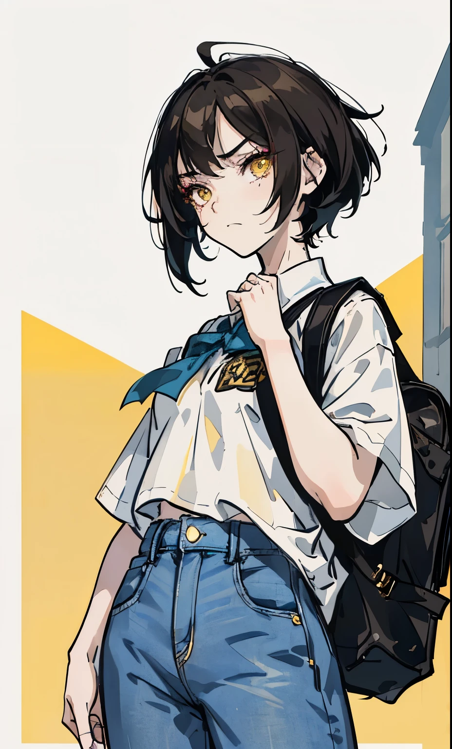Masterpiece, portrait, aesthetic, a girl, ((tomboy high school bully)), fierce expression, frown, fierce, short black hair and yellow eyes, wearing a simple white shirt, without any special design, paired with loose blue jeans, Wearing a brown backpack when going to school. High quality, full body, medium shot, beautiful clothing, professional perspective,, 18 years old, daytime, dramatic light, facing the future, ((happy)), (bold makeup), eyeliner, medium bust, (squinting), skin Fair complexion, (the background is the middle school dormitory)