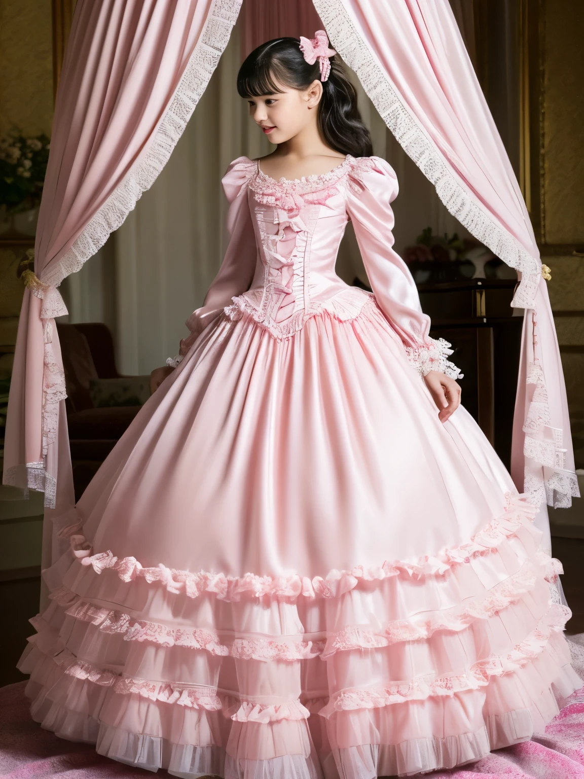 highest quality, masterpiece, highest resolution, artwork, super それにget used to it, many get used to it, get used to it, それにget used to it,(Loli),Child Girl, 10 years old,the girl is a princess,((girly dark pink satin fabric)), ((A Victorian ballgown dress with plenty of pink ruffles and bows and a voluminous full-length hoop skirt.)),long sleeve,long dress,A dress with lots of frills and ribbons..,luxury,((Palace bedroom)),((Huge square Victorian canopy king size bed in back)),lots of frilly pillows,ruffle bed skirt,