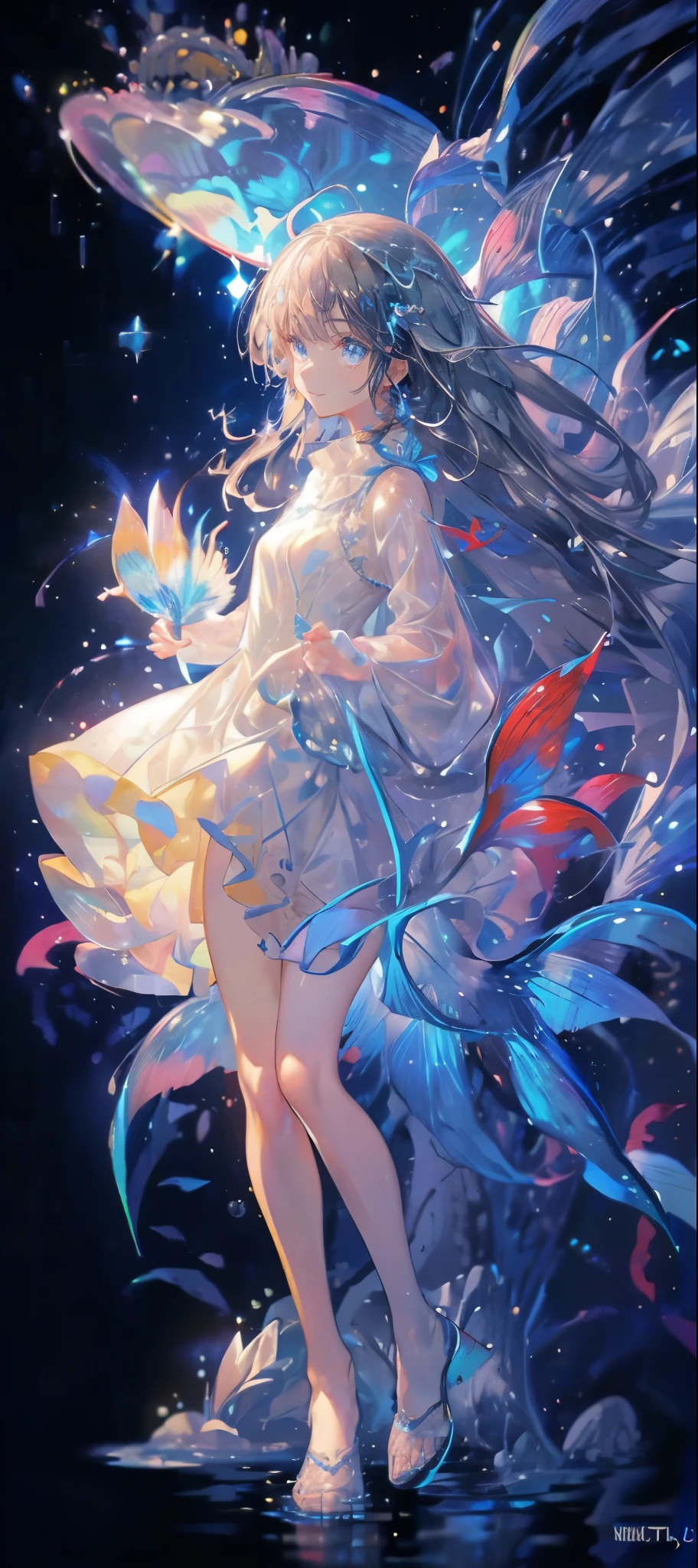 (muste piece), (best quality), very detailed, 1 girl, perfect face, (solo full body shot:1.3), very detailed顔，(Gray-haired ultra-long hair:1.5)，(blue eyes:1.4)，(in water:1.4)，(white dress:1.5)，School of small fish，Light，bubble，jellyfish，seaweed，deep sea，fantasy，seabed，(Floating hair:1.4)，splash，(red small fish，yellow small fish:1.4)，(smile:1.3)