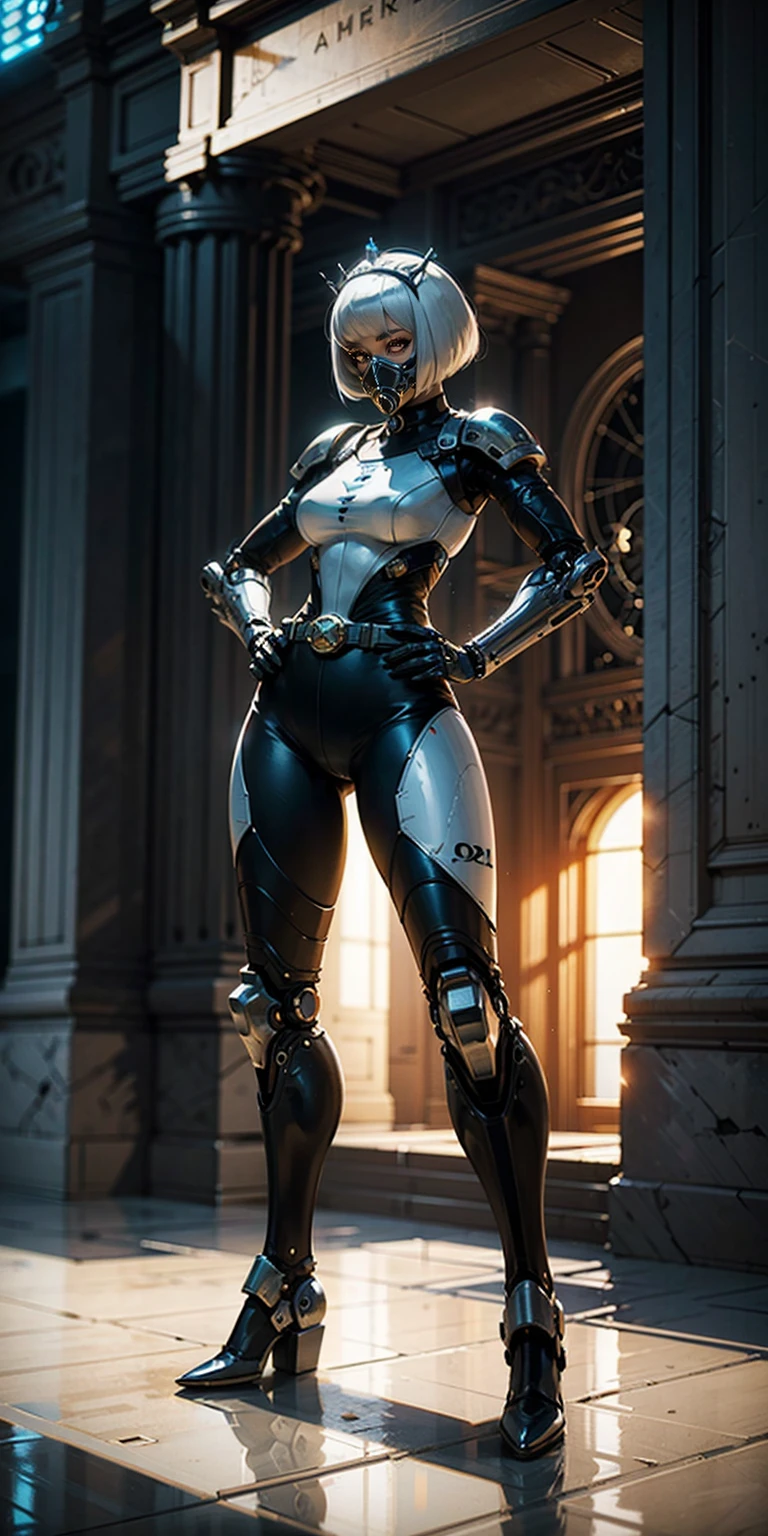 (masterpiece:1.2,high quality), 1girl, ((ultra realistic details)), global illumination, shadows, Unreal Engine, octane render, 8k, ultra sharp, metal, intricate, ornaments detailed, highly intricate details, yellow eyes, (mechanical body:1.2), white hair, (black gas mask), Gear, bob cut, hundreds of wires, Terran, (Robot, android:1.15), Apocalypse, broken buildings, full body, whole body. 1solo (girl). standing, hands on hips full body, whole body. choker, big belt, view from below, feet together, bracers, tiara