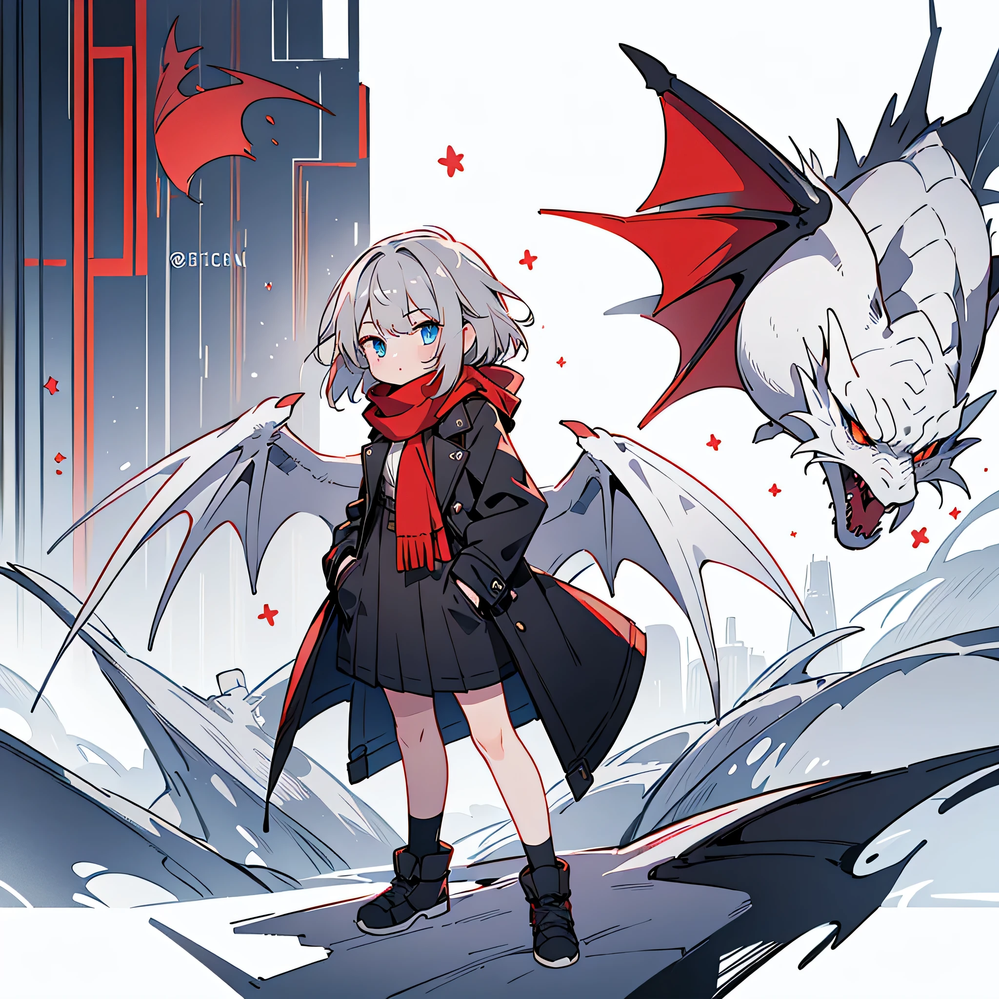 (masterpiece, highest quality, highest quality), messy hair,black_trench coat,red_scarf,short hair,girl,gray hair,blue eyes.White dragon wings on the back,has a white dragon tail,put one'Hand in hand'pocket of