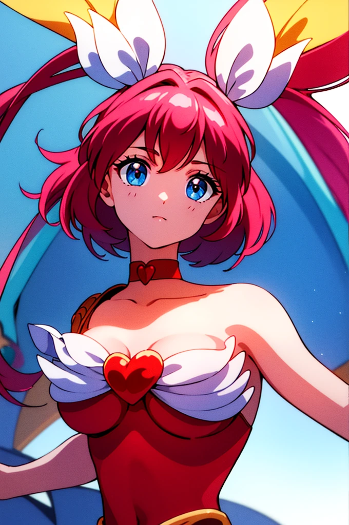 Simple White Background,
 a heart on her chest,red dress ,yellow gloves,choker,shoulder armor, 
magical girl,jewelry,yellow_hair_ribbon,
Pink_hair, long_hair,blue_eyes,Bangs,
1 girl, 20yo,Young female,Beautiful Finger,Beautiful long legs,Beautiful body,
Beautiful Nose,Beautiful character design, perfect eyes, perfect face,expressive eyes,perfect balance,
looking at viewer,(Focus on her face),closed mouth, (innocent_big_eyes:1.0),(Light_Smile:0.3),
official art,extremely detailed CG unity 8k wallpaper, perfect lighting,Colorful, Bright_Front_face_Lighting,White skin,
(masterpiece:1.0),(best_quality:1.0), ultra high res,4K,ultra-detailed,
photography, 8K, HDR, highres, absurdres:1.2, Kodak portra 400, film grain, blurry background, bokeh:1.2, lens flare, (vibrant_color:1.2),professional photograph,
(Beautiful,large_Breasts:1.4), (beautiful_face:1.5),(narrow_waist),