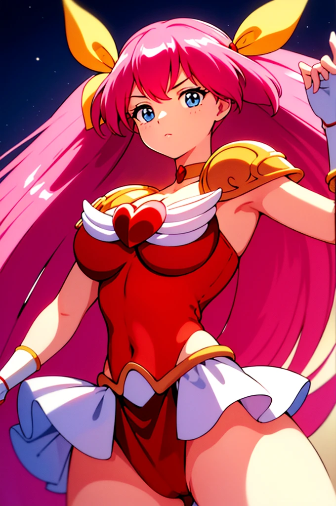 Simple White Background,
 a heart on her chest,red dress ,yellow gloves,choker,shoulder armor, 
magical girl,jewelry,yellow_hair_ribbon,
Pink_hair, long_hair,blue_eyes,Bangs,
1 girl, 20yo,Young female,Beautiful Finger,Beautiful long legs,Beautiful body,
Beautiful Nose,Beautiful character design, perfect eyes, perfect face,expressive eyes,perfect balance,
looking at viewer,(Focus on her face),closed mouth, (innocent_big_eyes:1.0),(Light_Smile:0.3),
official art,extremely detailed CG unity 8k wallpaper, perfect lighting,Colorful, Bright_Front_face_Lighting,White skin,
(masterpiece:1.0),(best_quality:1.0), ultra high res,4K,ultra-detailed,
photography, 8K, HDR, highres, absurdres:1.2, Kodak portra 400, film grain, blurry background, bokeh:1.2, lens flare, (vibrant_color:1.2),professional photograph,
(Beautiful,large_Breasts:1.4), (beautiful_face:1.5),(narrow_waist),