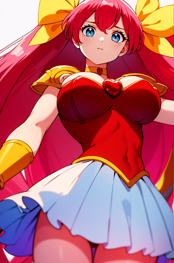 Simple White Background,
 a heart on her chest,red dress ,yellow gloves,choker,shoulder armor, 
magical girl,jewelry,yellow_hair_ribbon,
Pink_hair, long_hair,blue_eyes,Bangs,
1 girl, 20yo,Young female,Beautiful Finger,Beautiful long legs,Beautiful body,
Beautiful Nose,Beautiful character design, perfect eyes, perfect face,expressive eyes,perfect balance,
looking at viewer,(Focus on her face),closed mouth, (innocent_big_eyes:1.0),(Light_Smile:0.3),
official art,extremely detailed CG unity 8k wallpaper, perfect lighting,Colorful, Bright_Front_face_Lighting,White skin,
(masterpiece:1.0),(best_quality:1.0), ultra high res,4K,ultra-detailed,
photography, 8K, HDR, highres, absurdres:1.2, Kodak portra 400, film grain, blurry background, bokeh:1.2, lens flare, (vibrant_color:1.2),professional photograph,
(Beautiful,large_Breasts:1.4), (beautiful_face:1.5),(narrow_waist),