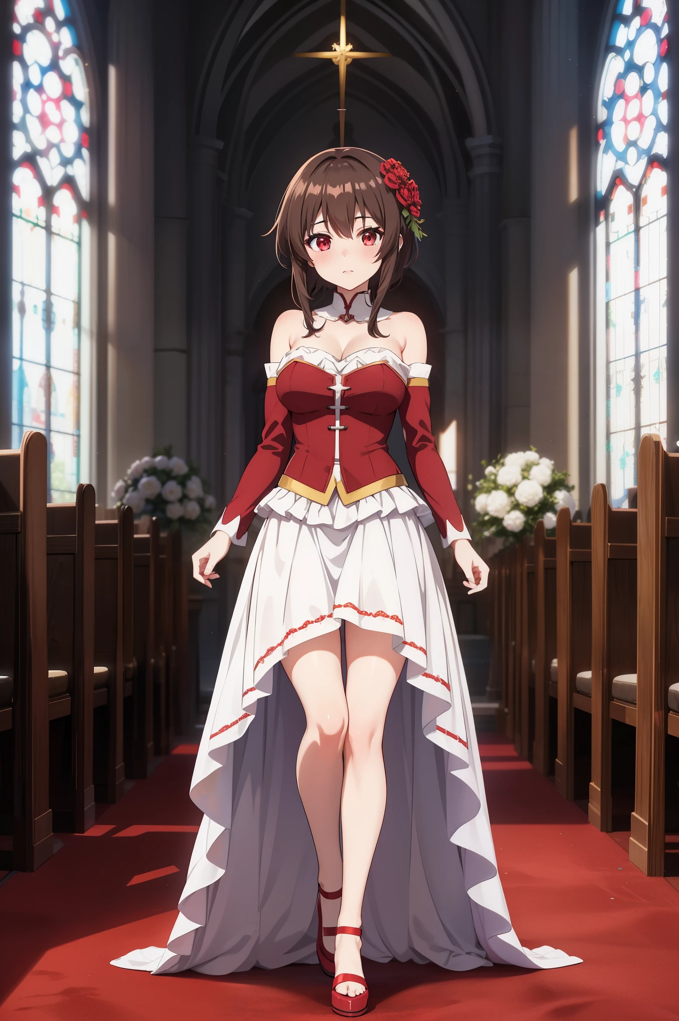 Envision Megumin from Konosuba, with her short brown hair and striking red eyes, dressed in a beautiful bridal gown, standing in a charming church setting. The scene radiates a blend of magical charm and the solemnity of a wedding ceremony, capturing a unique moment for this explosive mage.