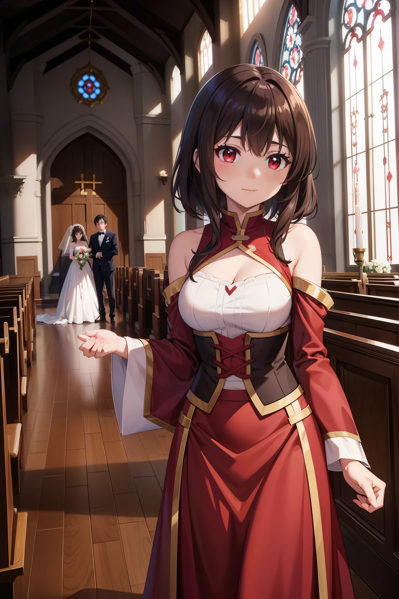 Envision Megumin from Konosuba, with her short brown hair and striking red eyes, dressed in a beautiful bridal gown, standing in a charming church setting. The scene radiates a blend of magical charm and the solemnity of a wedding ceremony, capturing a unique moment for this explosive mage.
