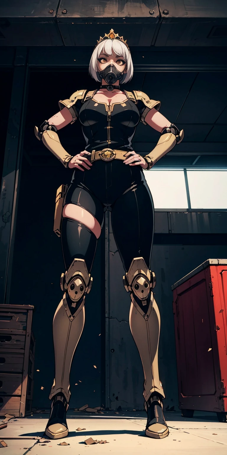 (masterpiece:1.2,high quality), 1girl, ((ultra realistic details)), global illumination, shadows, Unreal Engine, octane render, 8k, ultra sharp, metal, intricate, ornaments detailed, highly intricate details, yellow eyes, (mechanical body:1.2), white hair, (black gas mask), Gear, bob cut, hundreds of wires, Terran, (Robot, android:1.15), Apocalypse, broken buildings, full body, whole body. 1solo (girl). standing, hands on hips full body, whole body. choker, big belt, view from below, feet together, bracers, tiara