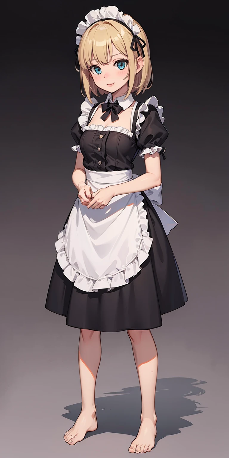 1girl, cute, ((Short black hair girl and long blonde hair girl)), maid victorian, maid apron, straight face, dazed, Body position: Standing, straight, symmetrical, barefoot, Lustful smile on face with red blush,