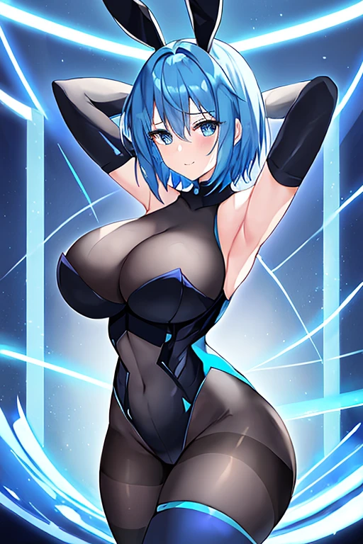 1girl, blue hair, large breasts, breasts, thick thighs, wide hips, blue eyes, bodysuit, black bodysuit, pantyhose, short hair, very short hair, light smile, science-fiction, tech, futuristic, black pantyhose, neon, machinery, bunny ears, rabbit ears, neon trim, anime style, 2d, anime screencap, shoulder armor, blue neon trim, hip sway, swaying hips, bouncing breasts, arms behind back, hands behind head, arms behind head, arms up, me!me!me dance /(meme/), dancing, dance, hourglass figure