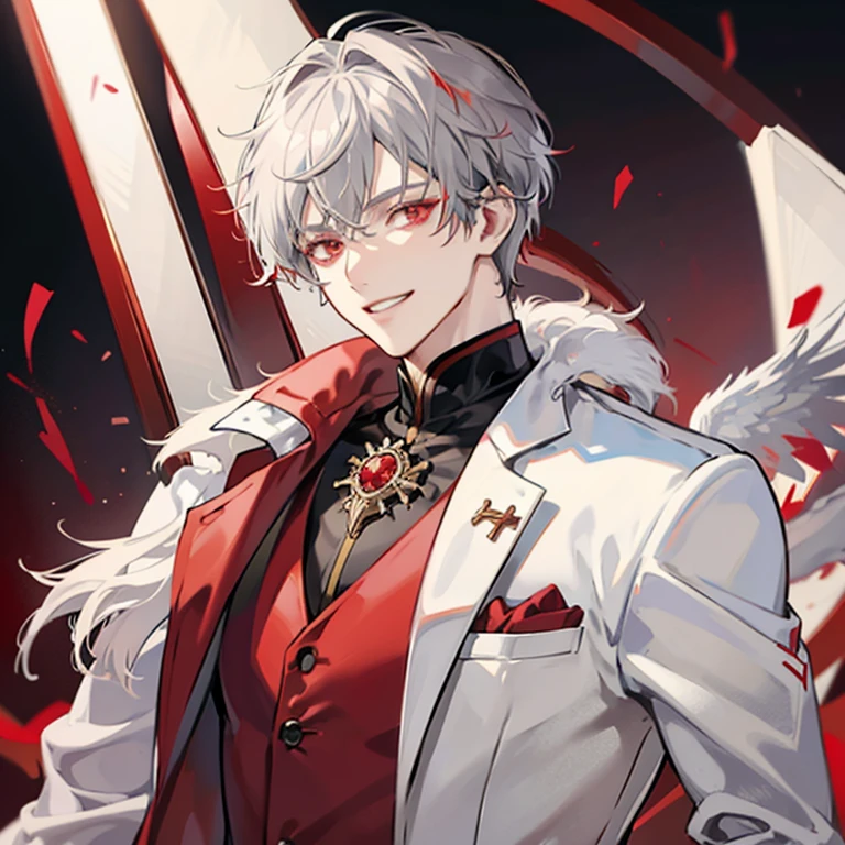 short gray haired anime guy,red eyes, white and red blazer, a silver haired mad, Tall anime guy with red eyes,grin,Nihilistic smile,upper body up
