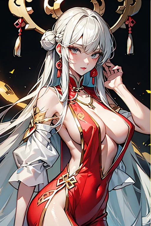 Chinese transparent silk dress, hair adornments, necklace, jewelry, Long hair, Earrings, Chinese clothes, Big boobs