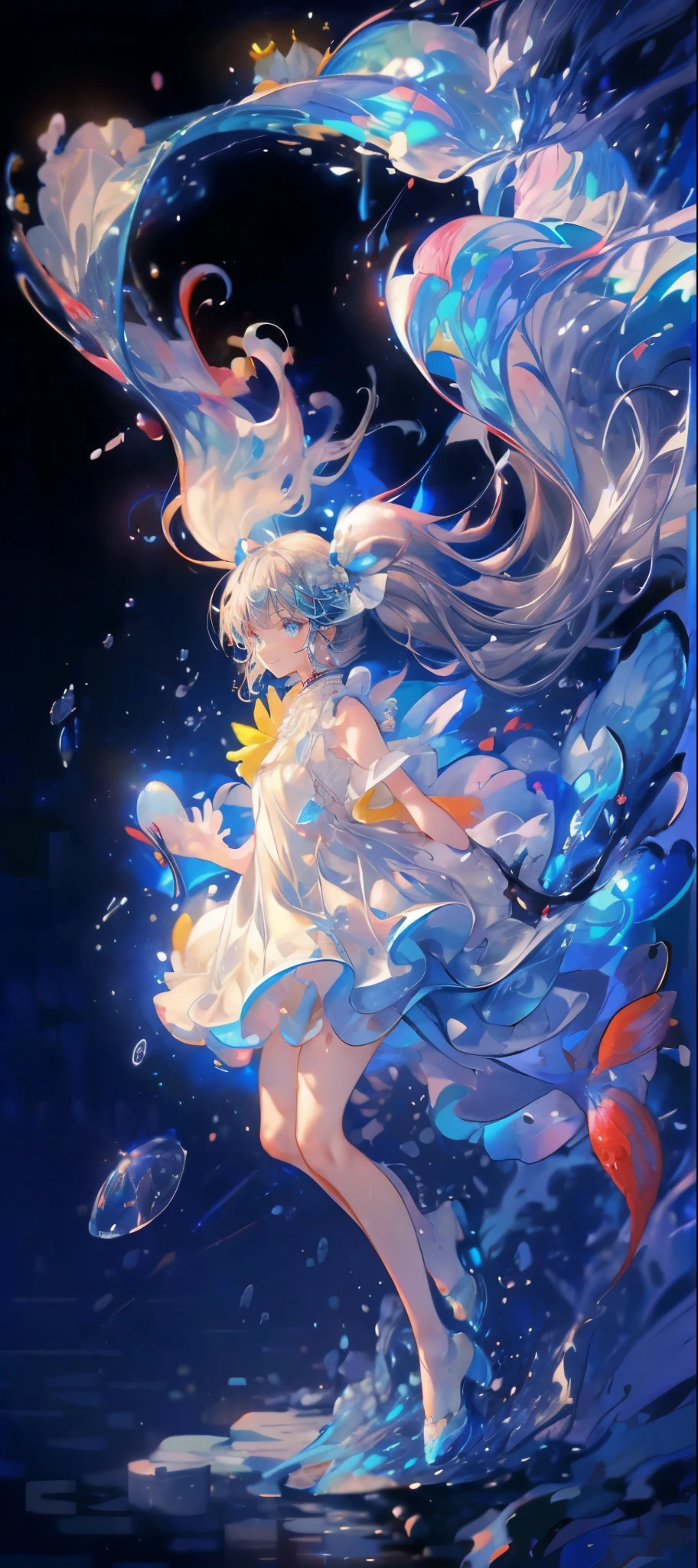 (muste piece), (best quality), very detailed, 1 girl, perfect face, (solo full body shot:1.3), very detailed顔,(Gray-haired ultra-long hair,twin tails:1.5),(blue eyes:1.4),(in water:1.4),(white dress:1.5),School of small fish,Light,bubble,jellyfish,seaweed,deep sea,fantasy,seabed,(Floating hair:1.4),splash,(red small fish,yellow small fish:1.4),(smile:1.3)