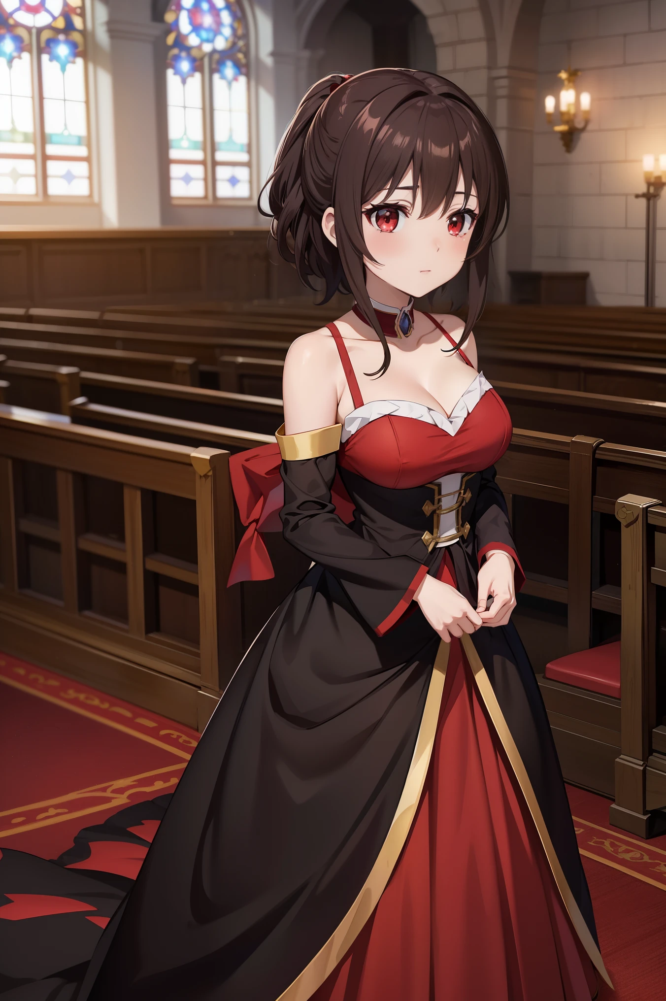 Envision Megumin from Konosuba, with her short brown hair and striking red eyes, dressed in a beautiful bridal gown, standing in a charming church setting. The scene radiates a blend of magical charm and the solemnity of a wedding ceremony, capturing a unique moment for this explosive mage.