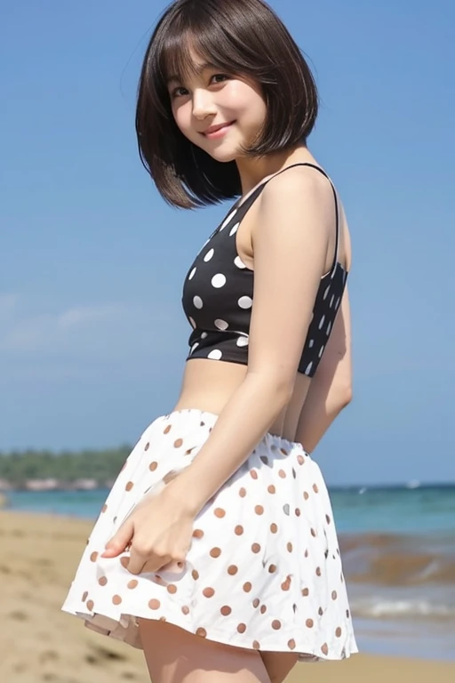 beach,A pure Japanese beautiful girl standing on the sandy beach, high teenager, Height: 155cm, bust 79cm, Waist 55cm, Hips 90cm, barefoot, standing tall on the sandy beach, Shot straight ahead, Photo from thighs up, camera is at eye level, standing position, elongated facial contour, Smile a little,sharp cheeks, round chin, clean nose, looking at the camera, thin cheeks, round chin, long eyes, beautiful eyes, black eyes, bob cut hair, brown hair, Tank top with large polka dots on a white background, Fluttering white mini skirt, Navel exposed