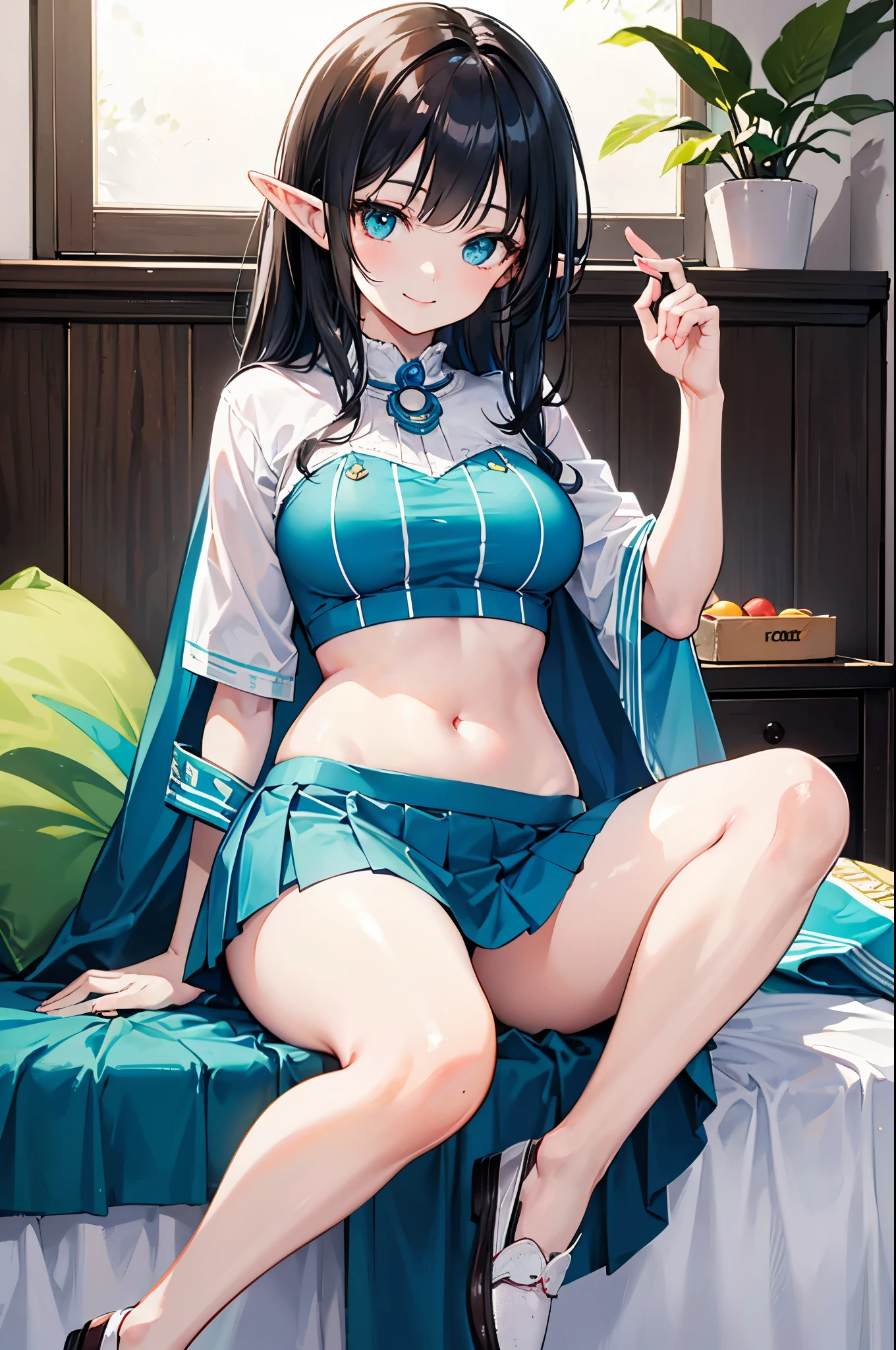 Detail image, realistic image, 1 elf. loli. She has turquoise eyes with and black hair, has a delicate oval face, medium breasts and a curvy figure. She is wearing a crop top, tight pleated mini skirt, moccasins slippers. smiling, seated. Ambient light. Volumetric Light