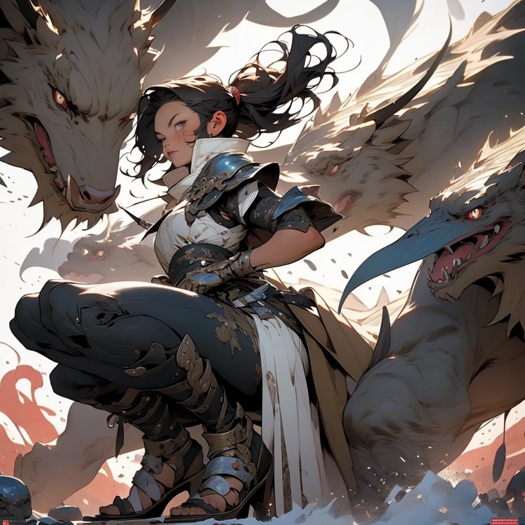 ((high resolution))，((super detailed))，((master piece)) ，((best quality))，((high resolution))，((super detailed))，(((noise removal)))，(((woman))), (((best quality person))), (((master piece))), (((AS-Adult))),, Looking up from your knees, A beautiful asian samurai woman with perfect body, modern samurai, ((( Asian))), Wear gloves on your hands，The left arm is made of steel and metal tips，protector, (( Appears under the chest )), (( small floss )), by Simon Bisley, （by Simon Bisley）Castle City Wilderness，high-resolutionfor posters, hair straight, armor (Crazy clothes ), Full of tips and rivets, (((full body esbian))), Straight brunette hair，Colored hair ends