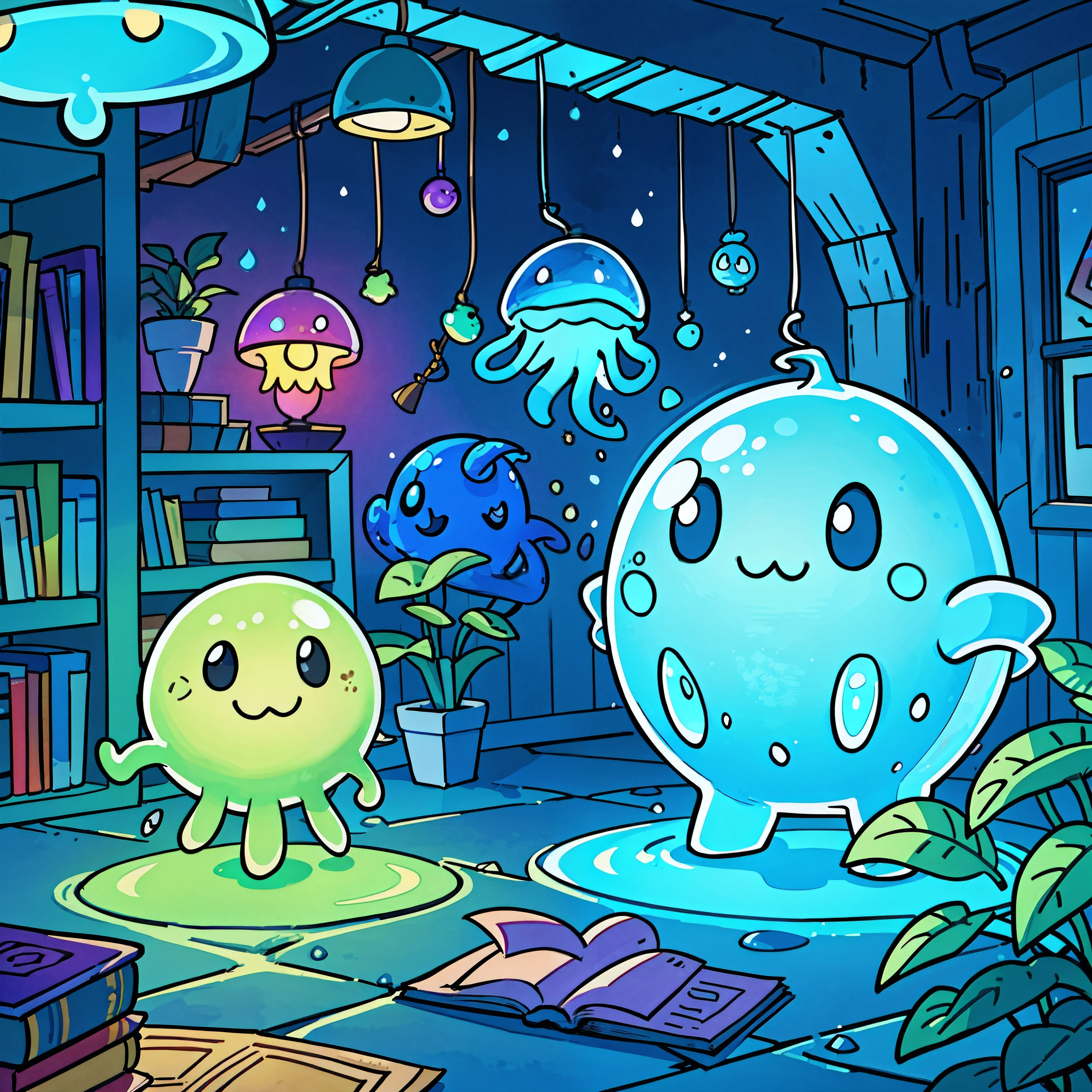 Slime house: Quirky and vibrant dwelling filled with playful slime creatures, colorful furnishings, shimmering walls, and bubbling pots. Detailed illustration, whimsical atmosphere, cartoon style, realistic slime textures, warm lighting, cheeky expressions of slime creatures, comfortable seating area, bookshelf with a variety of books, outdoor view with lush greenery, and a glowing jellyfish-like lamp casting a gentle glow. Best quality: 1.2, charming character design, high-definition imagery, jelly texture effect, jovial and relaxed mood, bouncy and fun-loving slime creatures, lively