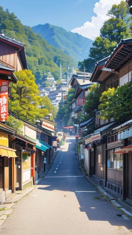 (Background only), (masterpiece), (top quality), (details), (realistic), (16k), (exquisite), (absurd),A compact shopping street at the foot of Mt. Haruna,the way,80's,Ikaho, Ikaho-cho, Shibukawa City, Gunma Prefecture, ,colorful soft light,depopulated population,