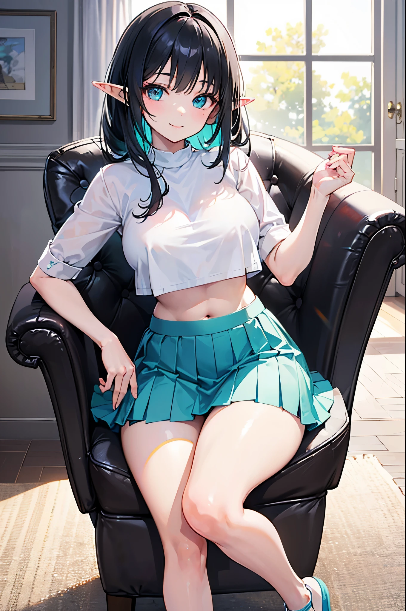 Detail image, realistic image, 1 elf. loli. She has turquoise eyes with and black hair, has a delicate oval face, medium breasts and a curvy body, thick thighs. She is wearing a crop top, tight pleated mini skirt, moccasins slippers. smiling, sitting. Ambient light. Volumetric Light