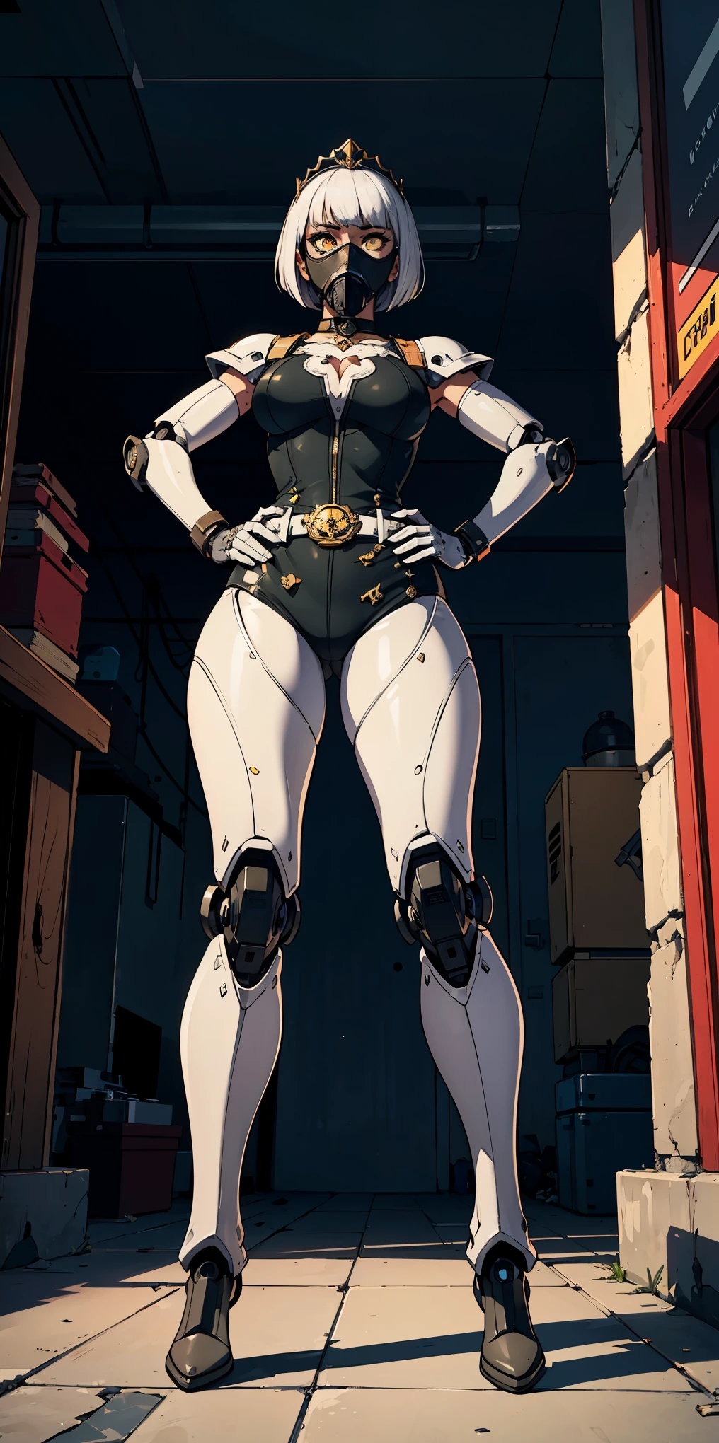 (masterpiece:1.2,high quality), 1girl, ((ultra realistic details)), global illumination, shadows, Unreal Engine, octane render, 8k, ultra sharp, metal, intricate, ornaments detailed, highly intricate details, yellow eyes, (mechanical body:1.2), white hair, (black gas mask), Gear, bob cut, hundreds of wires, Terran, (Robot, android:1.15), Apocalypse, broken buildings, full body, whole body. 1solo (girl). standing, hands on hips full body, whole body. choker, big belt, view from below, feet together, bracers, tiara