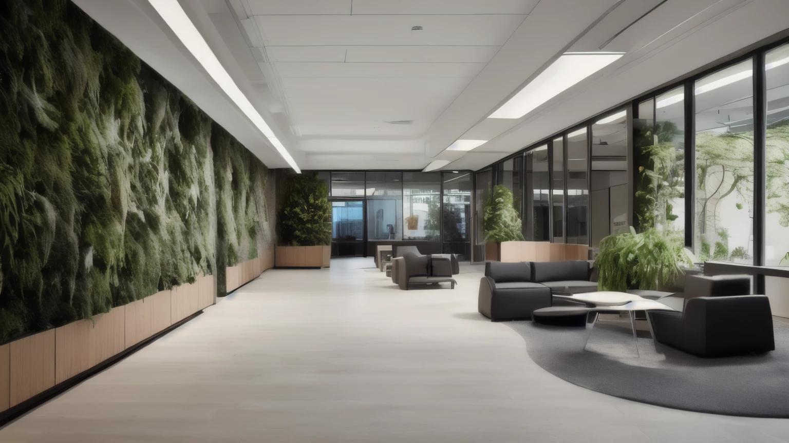 Modern office lobby with sleek furniture, a living green wall, and natural light.