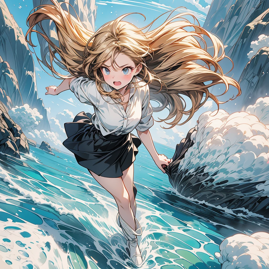 master piece,high quality,high resolution,High resolution,high contrast,Angle looking up from diagonally below,Realistic anime style,Rich and delicate drawings,full body,cute girl in a skirt,The strong wind is blowing and my hair is messed up,(The strong wind is blowing up my skirt,Pose holding the skirt with hand:1.4),white breath,A surprised and embarrassed look,(There are many people walking around the city in winter, and everyone is watching)